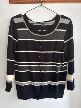 Cable & Gauge Black, Gray & White Striped Button Cardigan